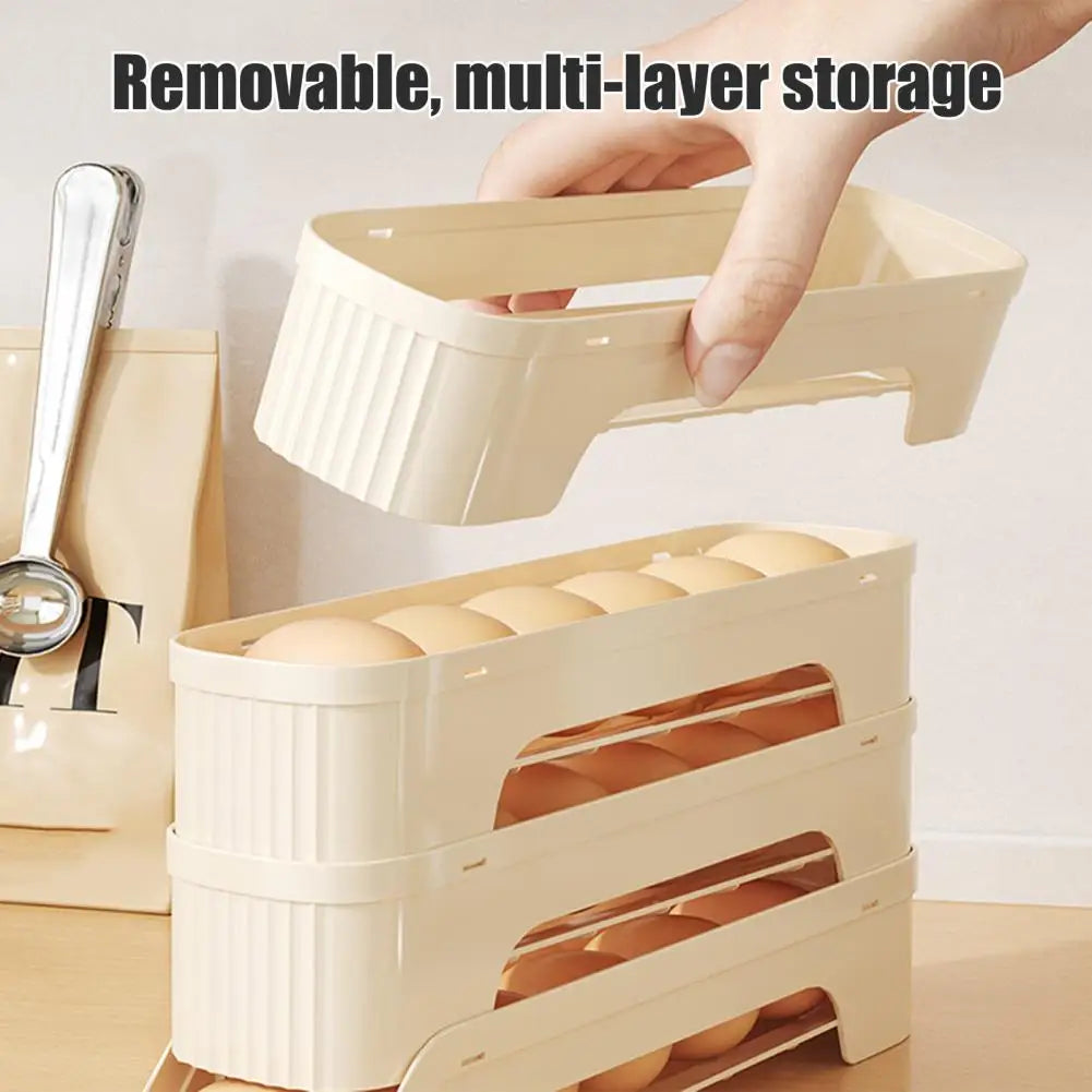 Caja de Huevos RolloMaxx | Organizador de Huevos de 4 Niveles | Ahorra Espacio y Autopropulsado | Diseño Transparente
