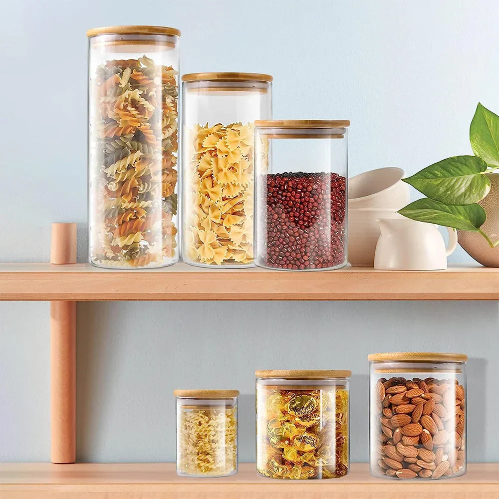 Conjunto de Tarros de Vidrio PureVorrat – Envases con Tapa de Madera | Hermético y Elegante | Almacenamiento Moderno de Cocina | Brehn