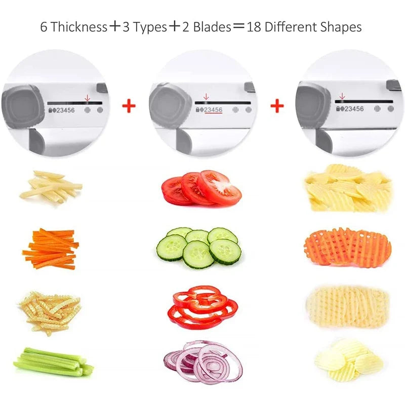 SchnittMeister 18-en-1 Mandolina para Verduras | Ajustable & Cuchillas de Acero Inoxidable | Para Rodajas, Tiras & Juliana | Seguro & Versátil