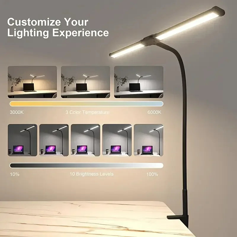 Lámpara de Escritorio LED Dimmable de Doble Cabeza con Clip para Oficina en Casa