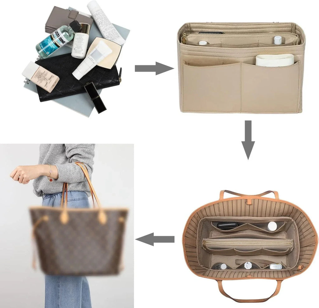 TaschenLuxe Organizador Interior | Inserto de fieltro con cremallera | 15 compartimentos y cinta para llaves | Para bolsos y shoppers
