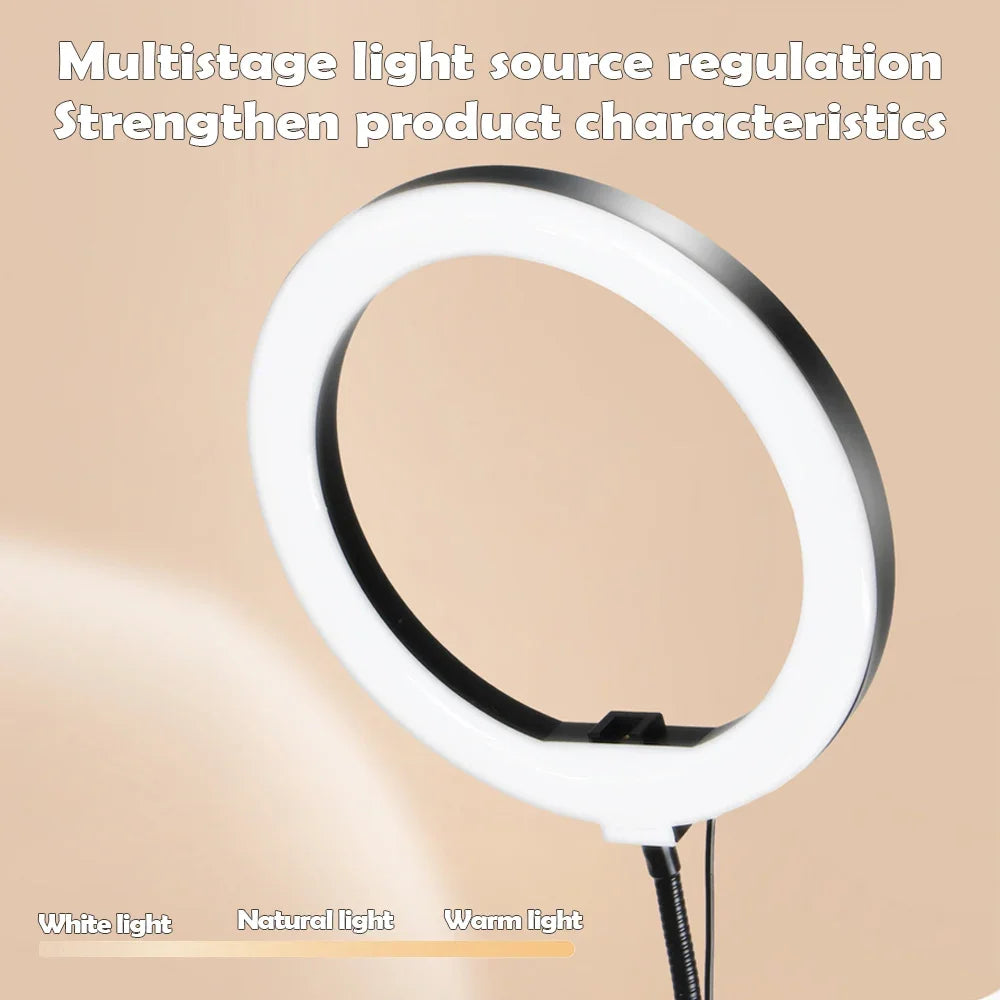 Luz de anillo LED LumiFlex con brazo flexible y soporte para teléfono | 3 colores de luz y conexión USB | Perfecto para livestream, video y selfies