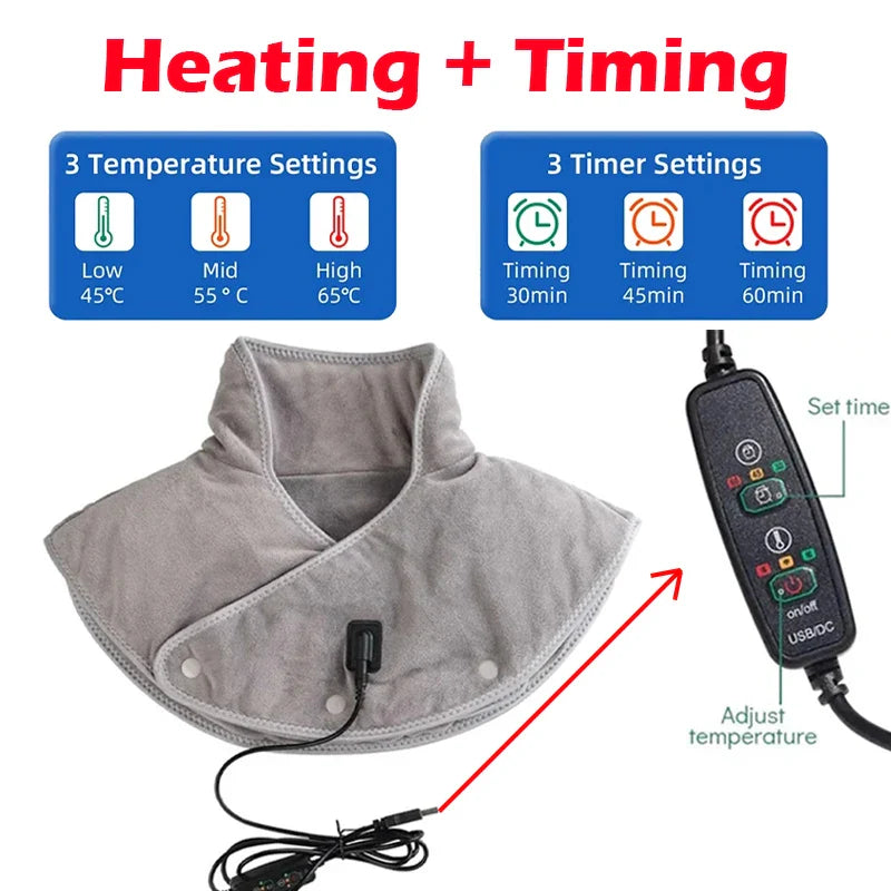 Masajeador de cuello y hombros térmico ThermoLiva | Almohadilla térmica USB con vibración | 3 niveles de temperatura y temporizador | Suave felpa