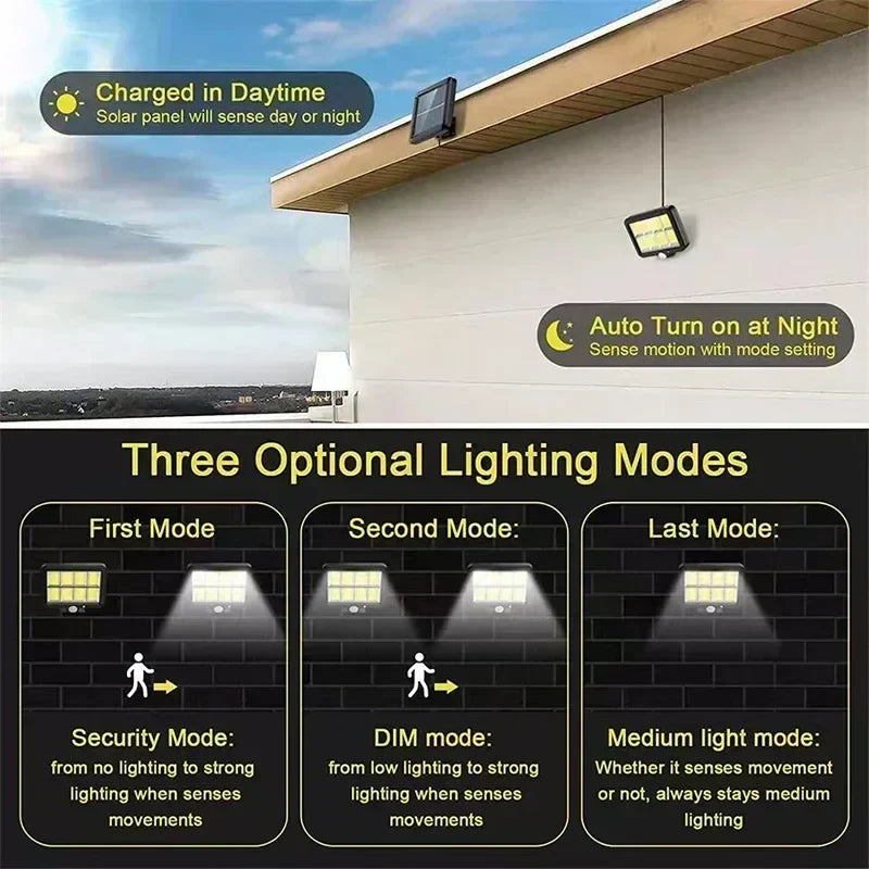 LuminaX Solar | 100 COB LED Lámpara Solar | IP65 | Sensor de Movimiento y 3 Modos | Iluminación Exterior Inalámbrica