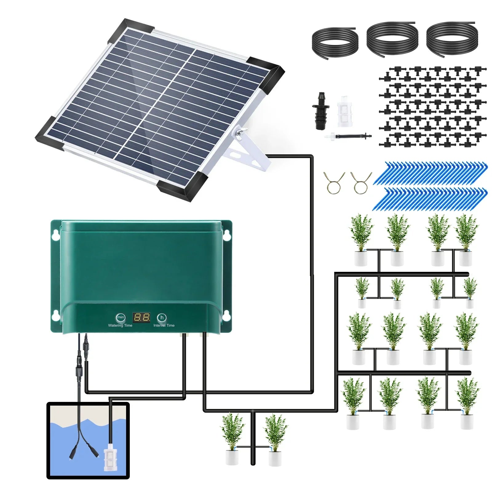 Kalsten | Kit de Sistema de Riego por Goteo Solar Automático con 30 Modos y 7 Temporizadores – AquaFlow