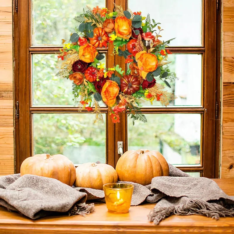 Encanto Otoñal Corona de Puerta de Otoño | Calabaza y Ratan | 40 cm | Decoración Artesanal para Otoño y Acción de Gracias