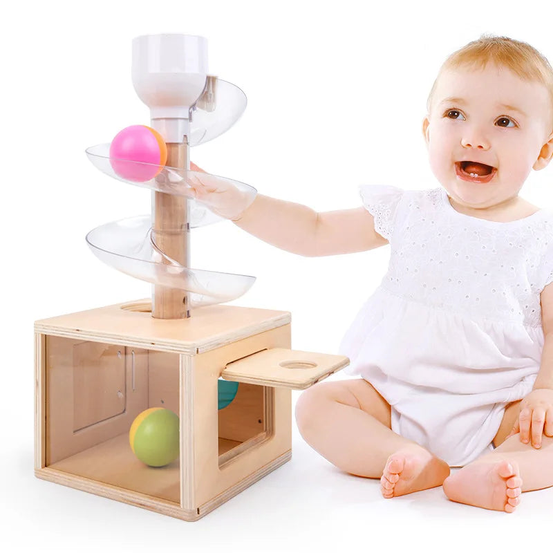 Montessori - Pista de canicas y rompecabezas de madera para niños pequeños