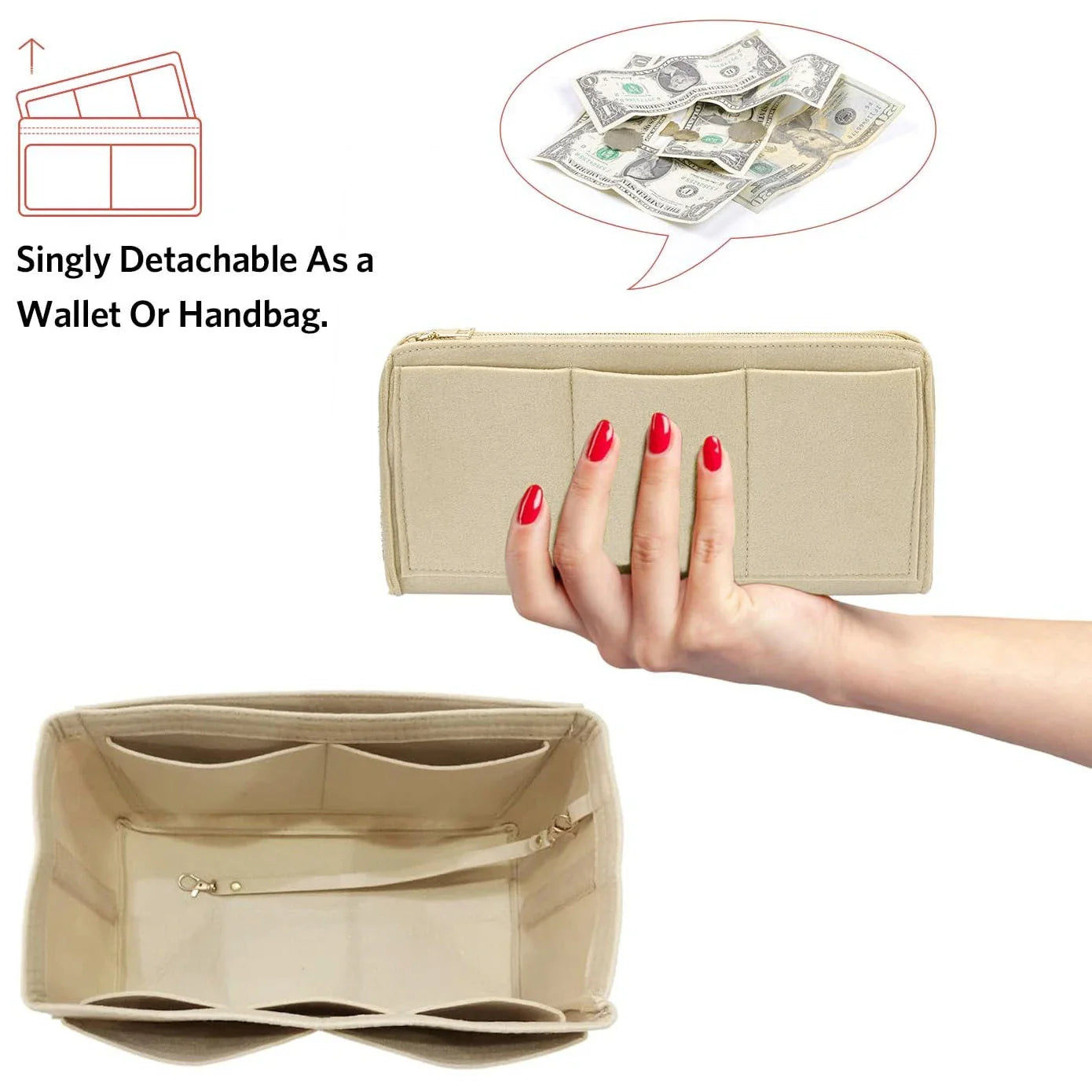 TaschenLuxe Organizador Interior | Inserto de fieltro con cremallera | 15 compartimentos y cinta para llaves | Para bolsos y shoppers