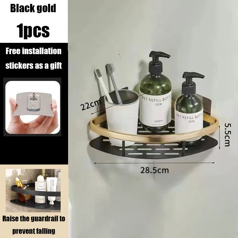 AquaSpace Pro | Estante de ducha de esquina sin taladrar | Aluminio | Resistente al óxido y a la carga | Estante de baño en negro, blanco, plata o negro-dorado