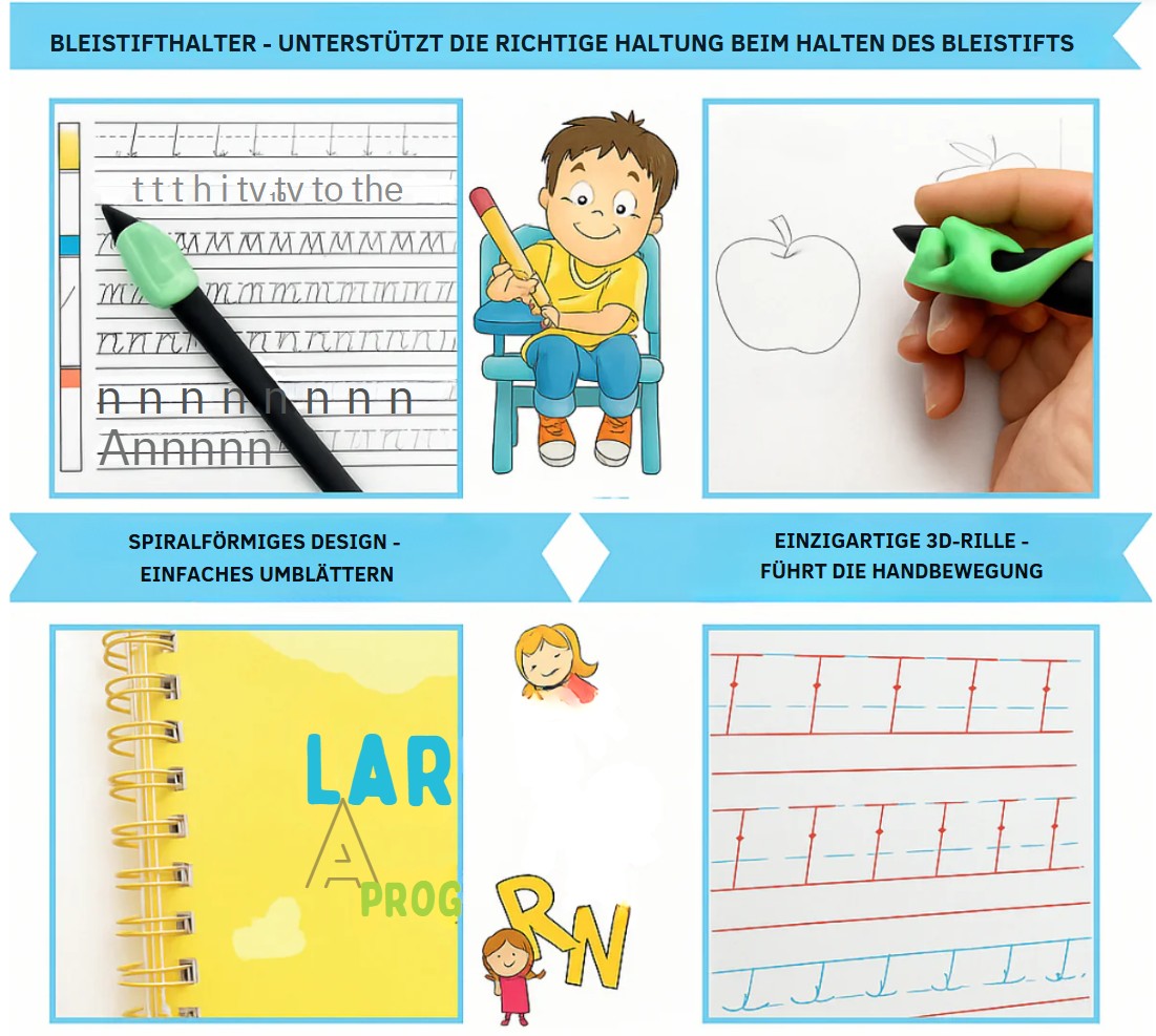 SchreibMeister - Set de 4 (1+3 GRATIS) - La primera introducción a la escritura – Cuaderno de escritura