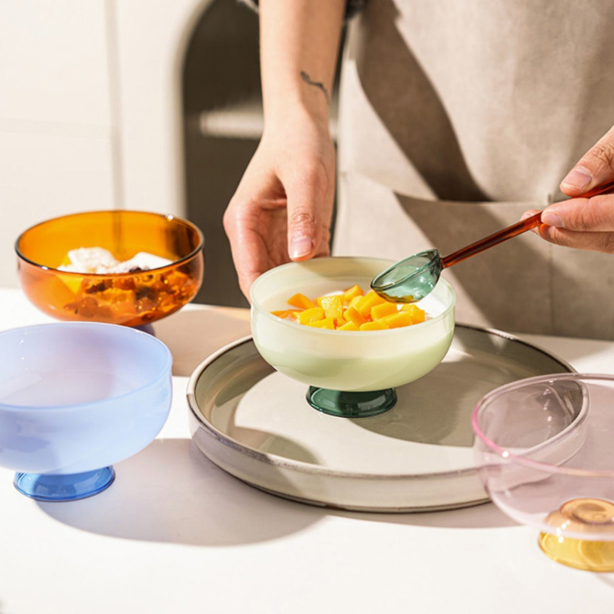 BowLift | Tazón de postre de borosilicato colorido con cuchara