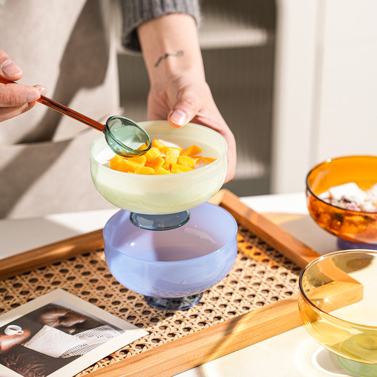 BowLift | Tazón de postre de borosilicato colorido con cuchara