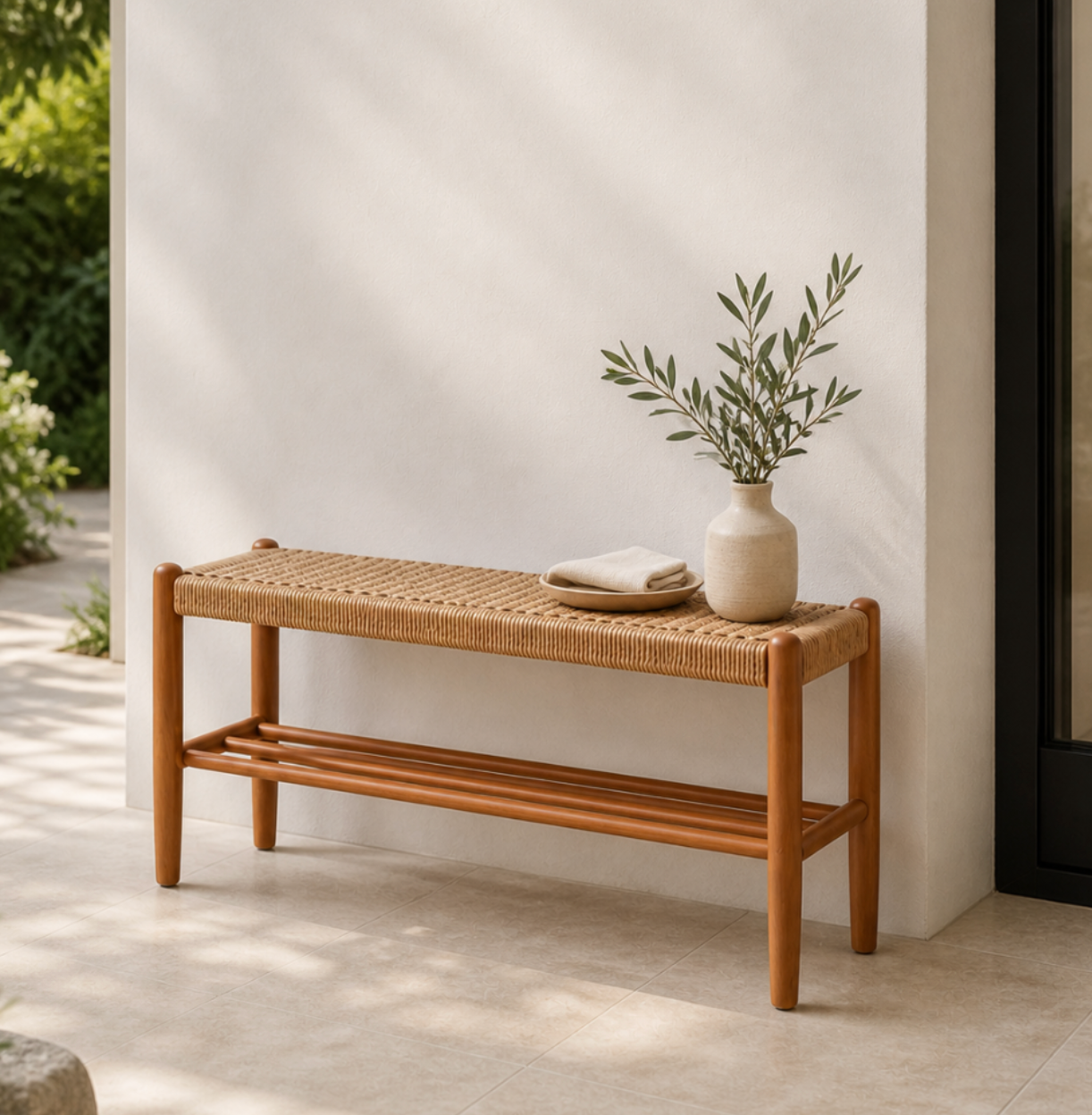 Banca Japonesa Elegante - Diseño de Cuero de Vaca Trenzado y Madera de Cereza para el Vestíbulo