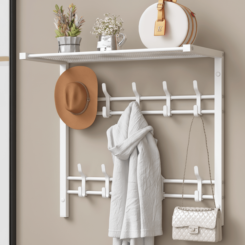 HOOKWELL – Perchero de pared 3 en 1 con estante, ganchos y barra para ropa