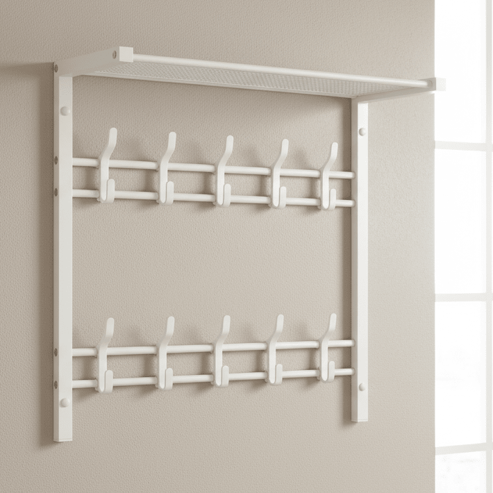 HOOKWELL – Perchero de pared 3 en 1 con estante, ganchos y barra para ropa