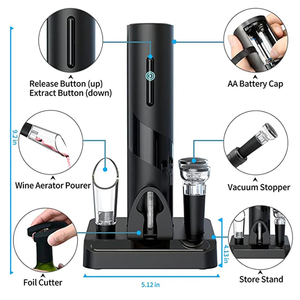 Skanto | Sacacorchos eléctrico – Abrebotellas automático con soporte, cortador de foil y abre latas de cerveza – Abrebotellas de cocina y bar