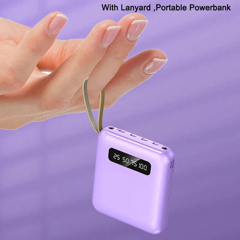 Mini-Powerbank con pantalla de espejo | 20.000 mAh | Función de carga rápida y cables integrados | Para iPhone, Samsung, Xiaomi y más