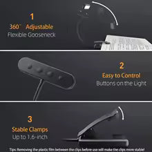 Lámpara de lectura FlexiRead | Recargable por USB | 3 colores de luz y regulable | Clip y brazo flexible
