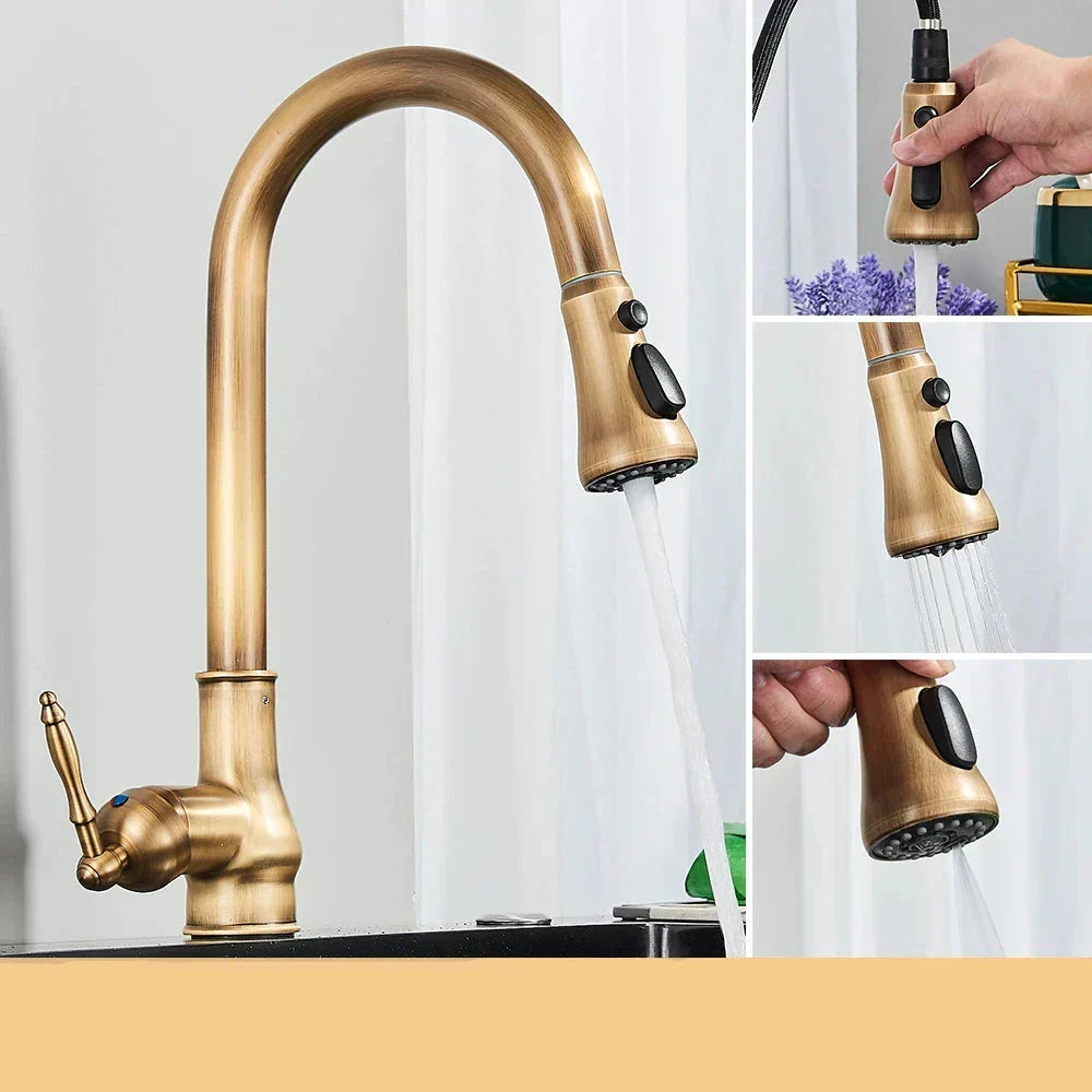 BowLift | Grifo de Cocina VintageTap de Bronce Antiguo – Grifo Mezclador de Estilo Retro con Pico Giratorio