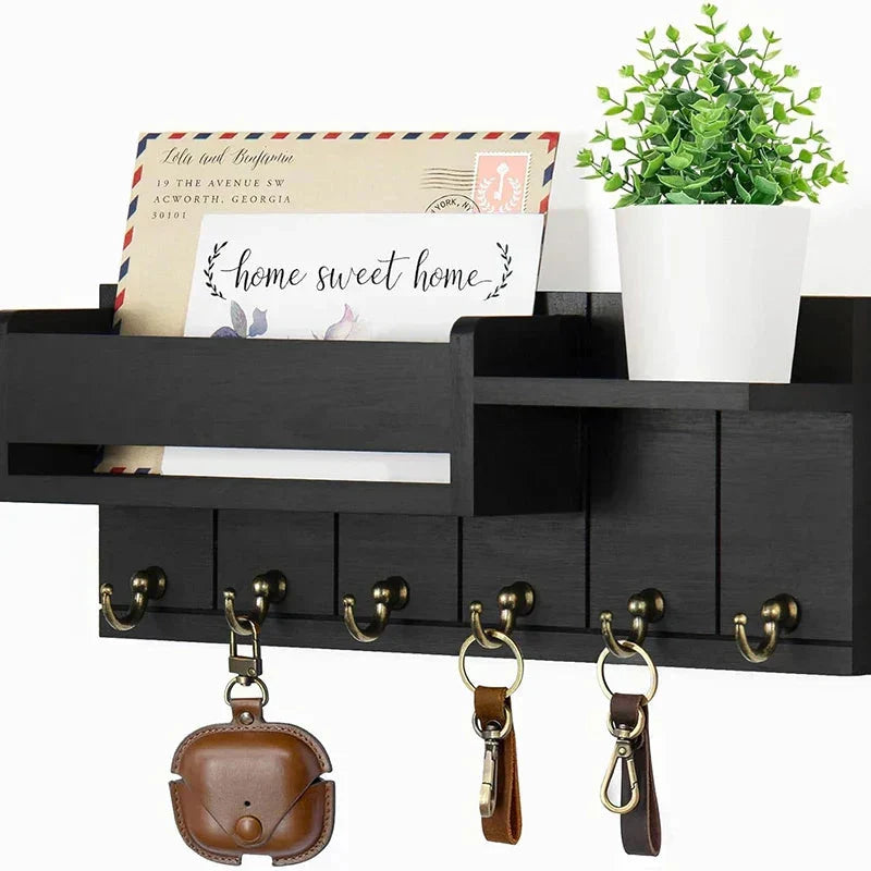 Tablero de Llaves de Madera con Estante y 6 Ganchos