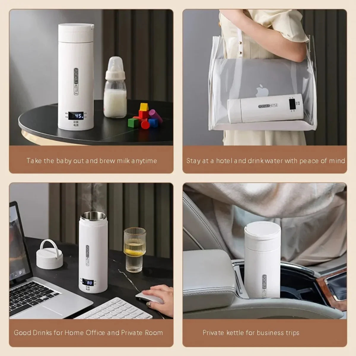 Hervidor de agua eléctrico de viaje | 500 ml | Mini jarra térmica con LCD | Para té y café en el camino