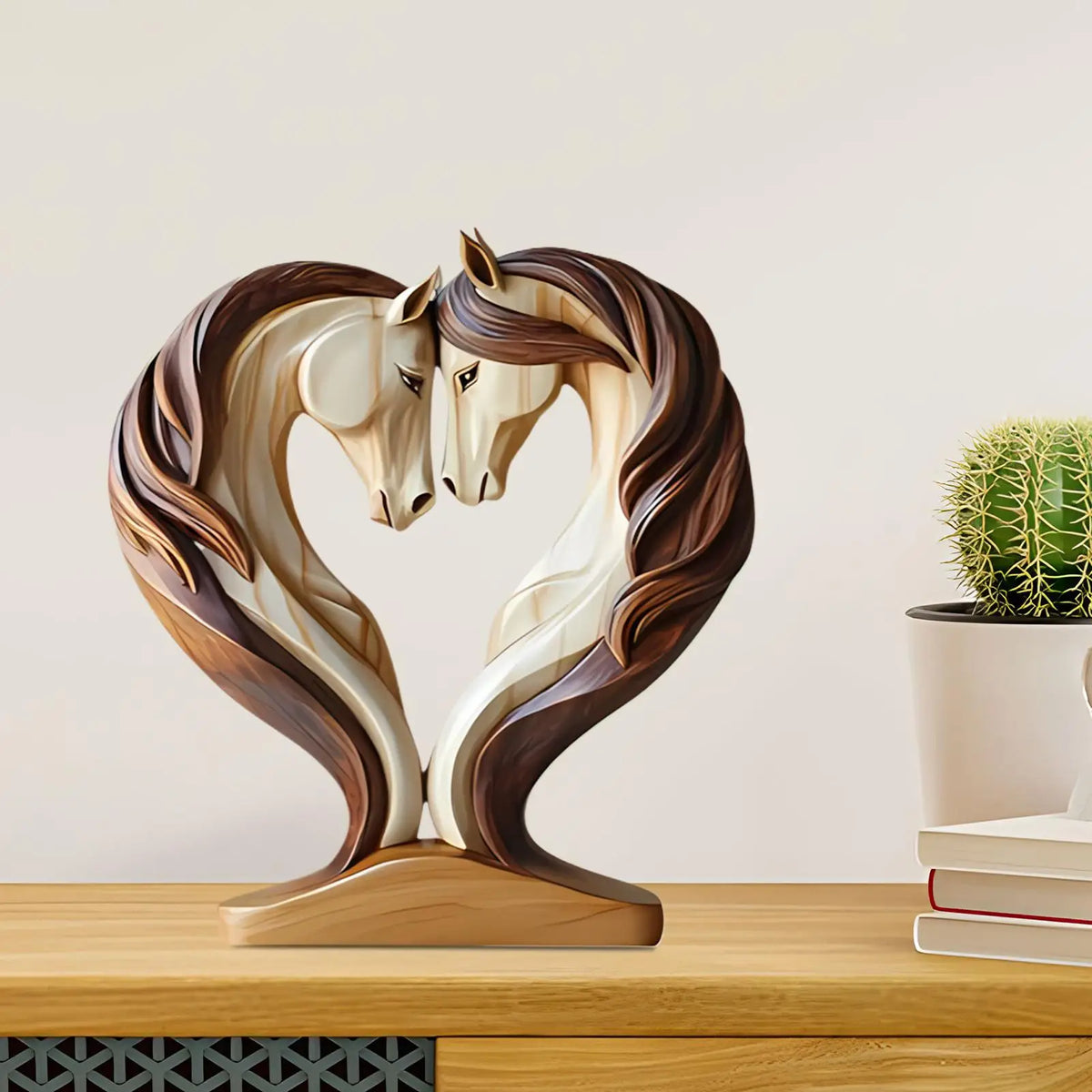Escultura de Caballo Equora | Escultura de Madera de Caballo | Diseño 2D en Pose de Abrazo | Decoración para Sala de Estar, Oficina y Habitación Infantil