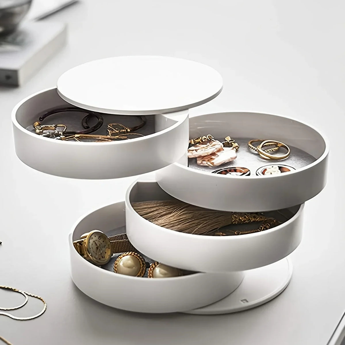 Velvira Caja de joyas giratoria | 5 niveles con tapa | A prueba de polvo y compacta | Para joyas, accesorios para el cabello y maquillaje