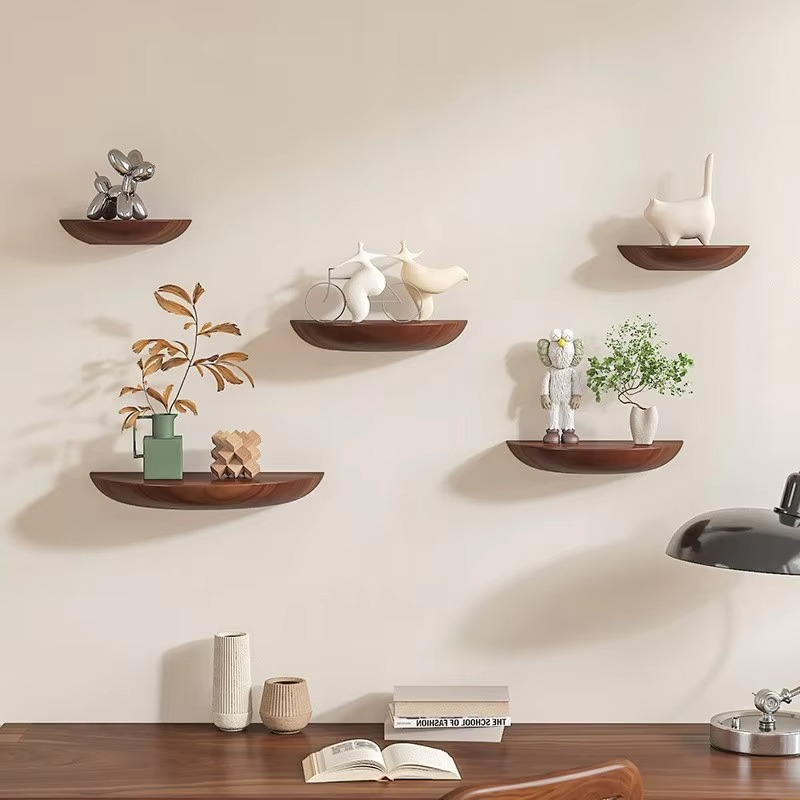 Estante Flotante de Madera en Forma de Media Luna - Exhibición Moderna Montada en la Pared para el Hogar y el Baño