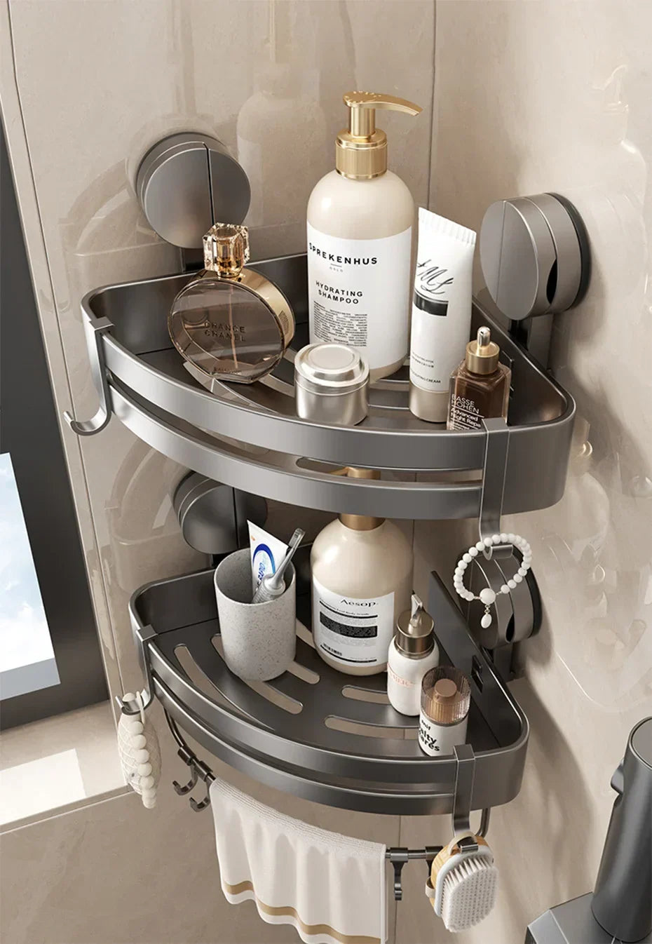 AquaGrip Estante de Ducha con Ventosas sin Perforación – Estante de Baño de Aluminio, Montaje en Esquina o Pared