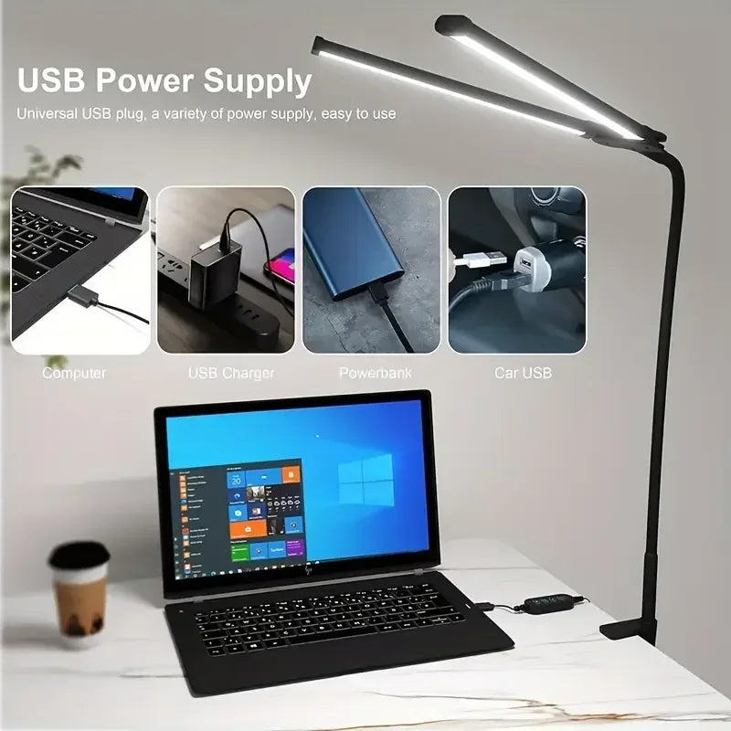 Lámpara de Escritorio LED Dimmable de Doble Cabeza con Clip para Oficina en Casa