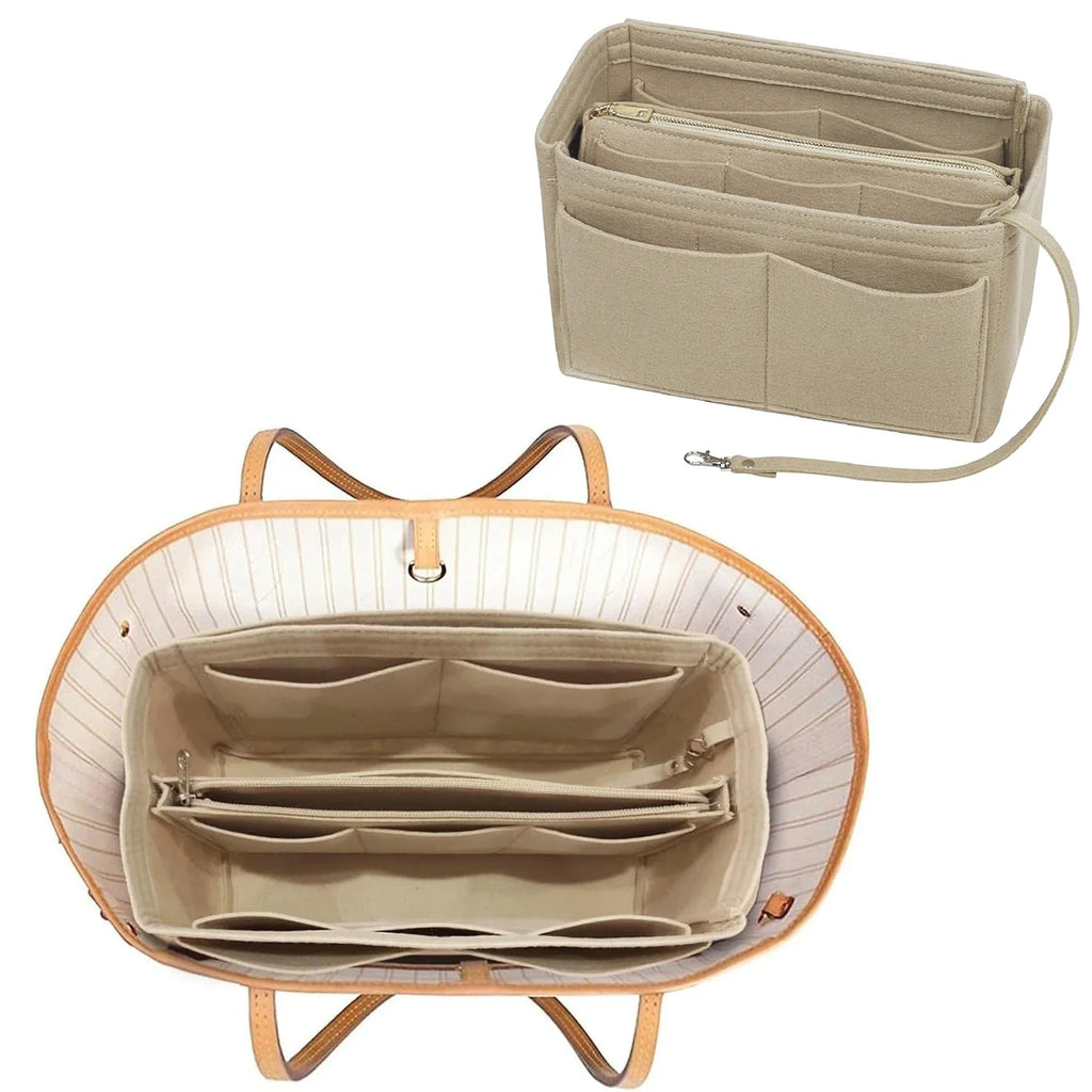 TaschenLuxe Organizador Interior | Inserto de fieltro con cremallera | 15 compartimentos y cinta para llaves | Para bolsos y shoppers