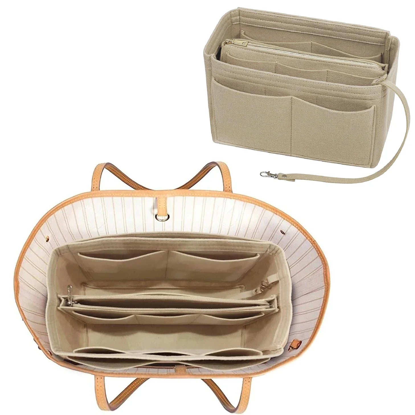 TaschenLuxe Organizador Interior | Inserto de fieltro con cremallera | 15 compartimentos y cinta para llaves | Para bolsos y shoppers