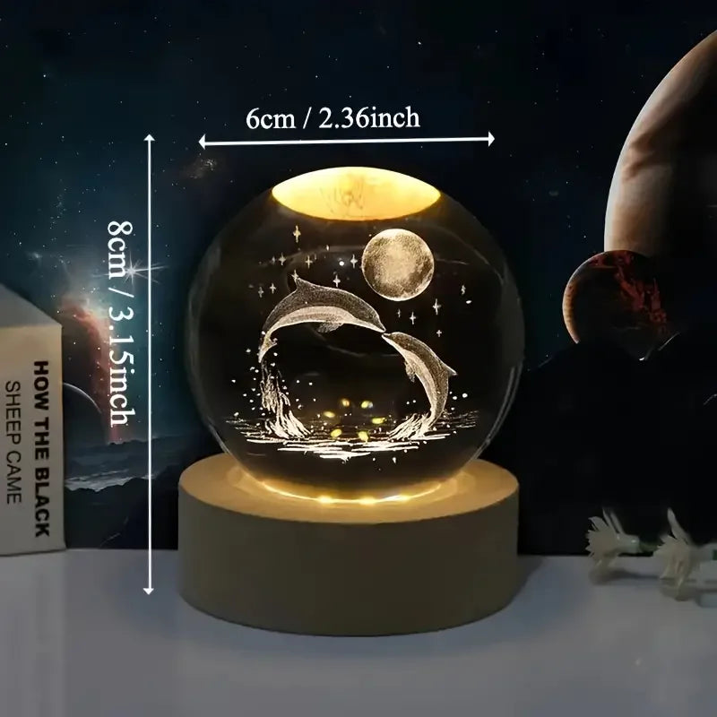 Mariluna Bola de Cristal Delfín | Grabado en 3D con Láser & Base LED | Motivo Lunar y Marino