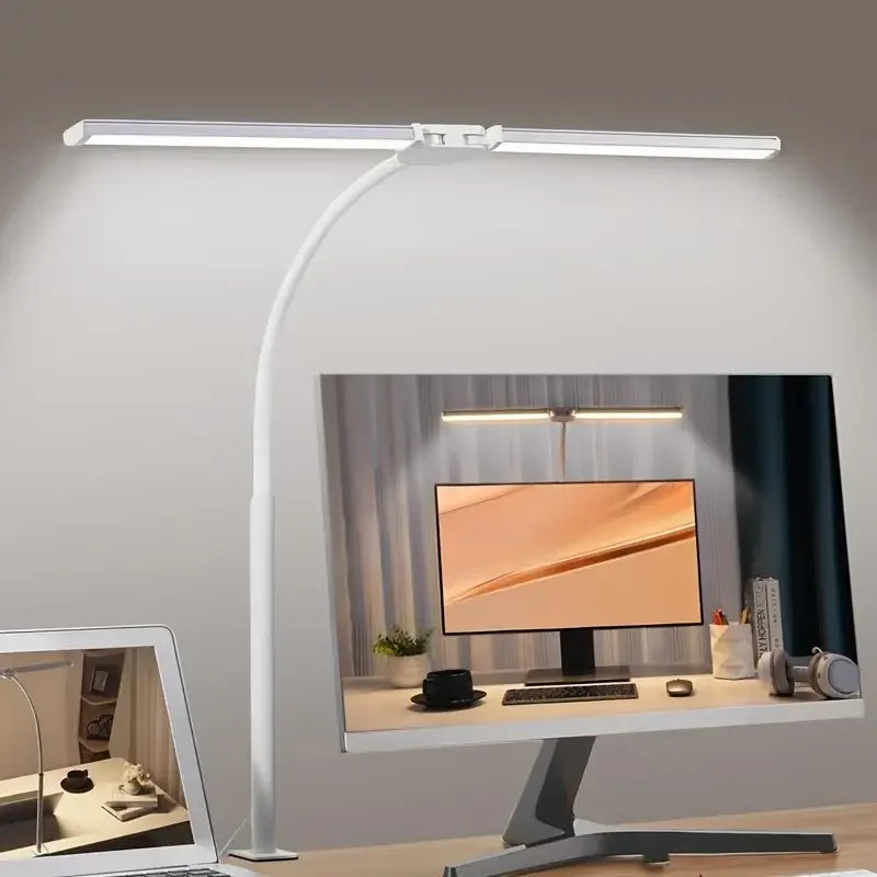 Lámpara de Escritorio LED Dimmable de Doble Cabeza con Clip para Oficina en Casa