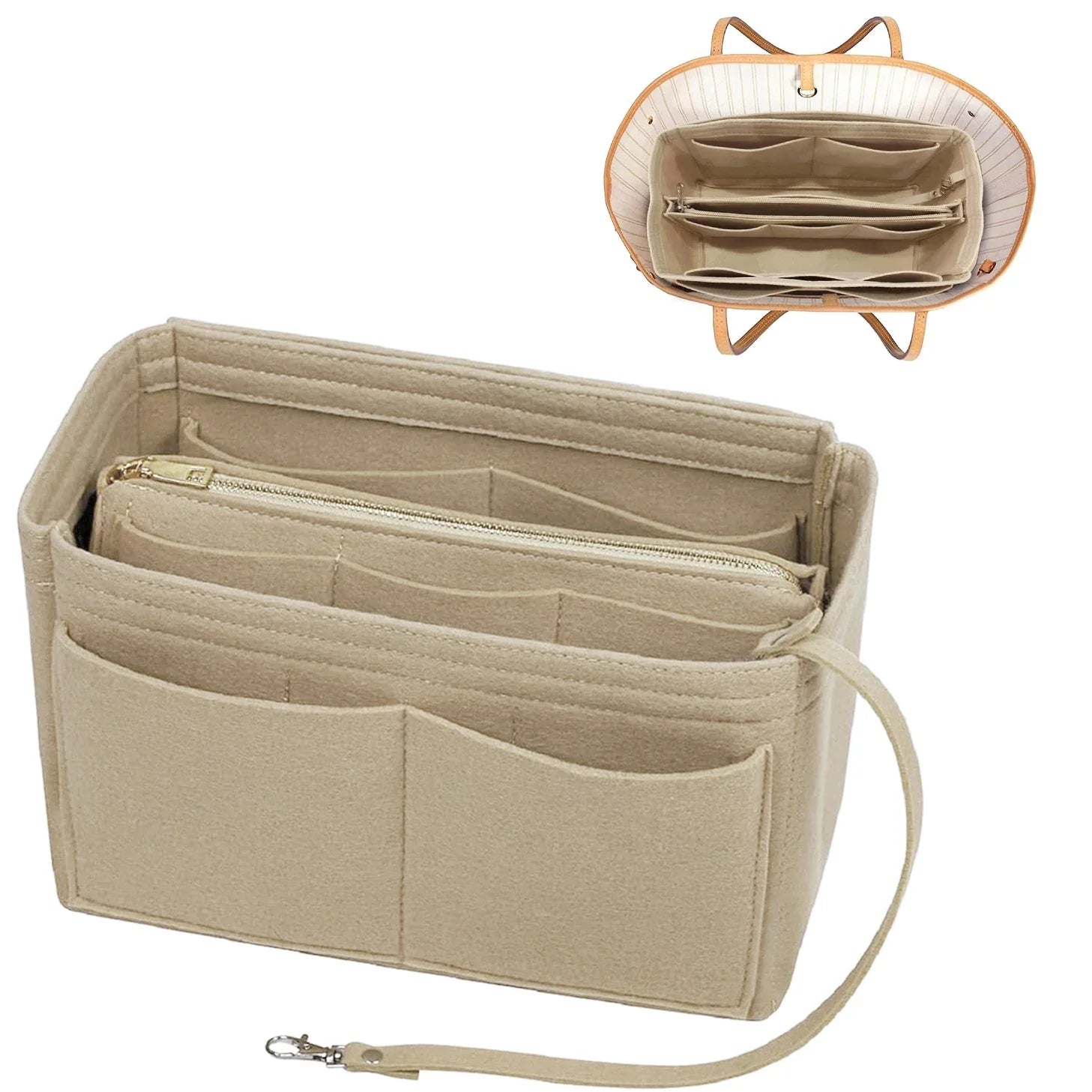 TaschenLuxe Organizador Interior | Inserto de fieltro con cremallera | 15 compartimentos y cinta para llaves | Para bolsos y shoppers