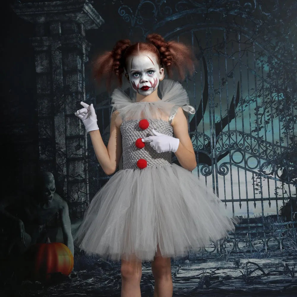 Charlotte – Vestido Tutu Inspirado en Payasos con Pompones Rojos y Falda de Tul para Halloween o Fiestas de Disfraces