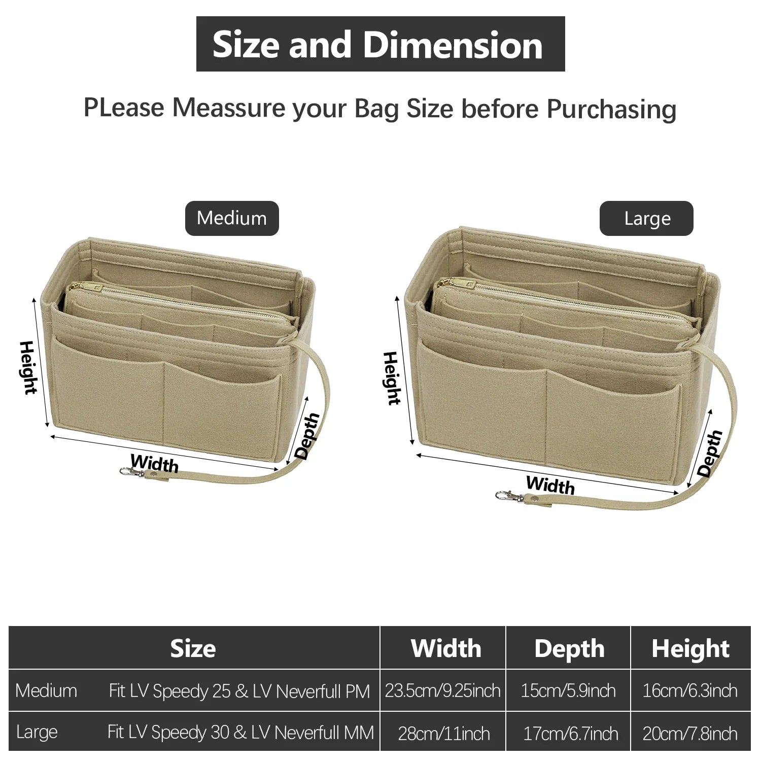 TaschenLuxe Organizador Interior | Inserto de fieltro con cremallera | 15 compartimentos y cinta para llaves | Para bolsos y shoppers