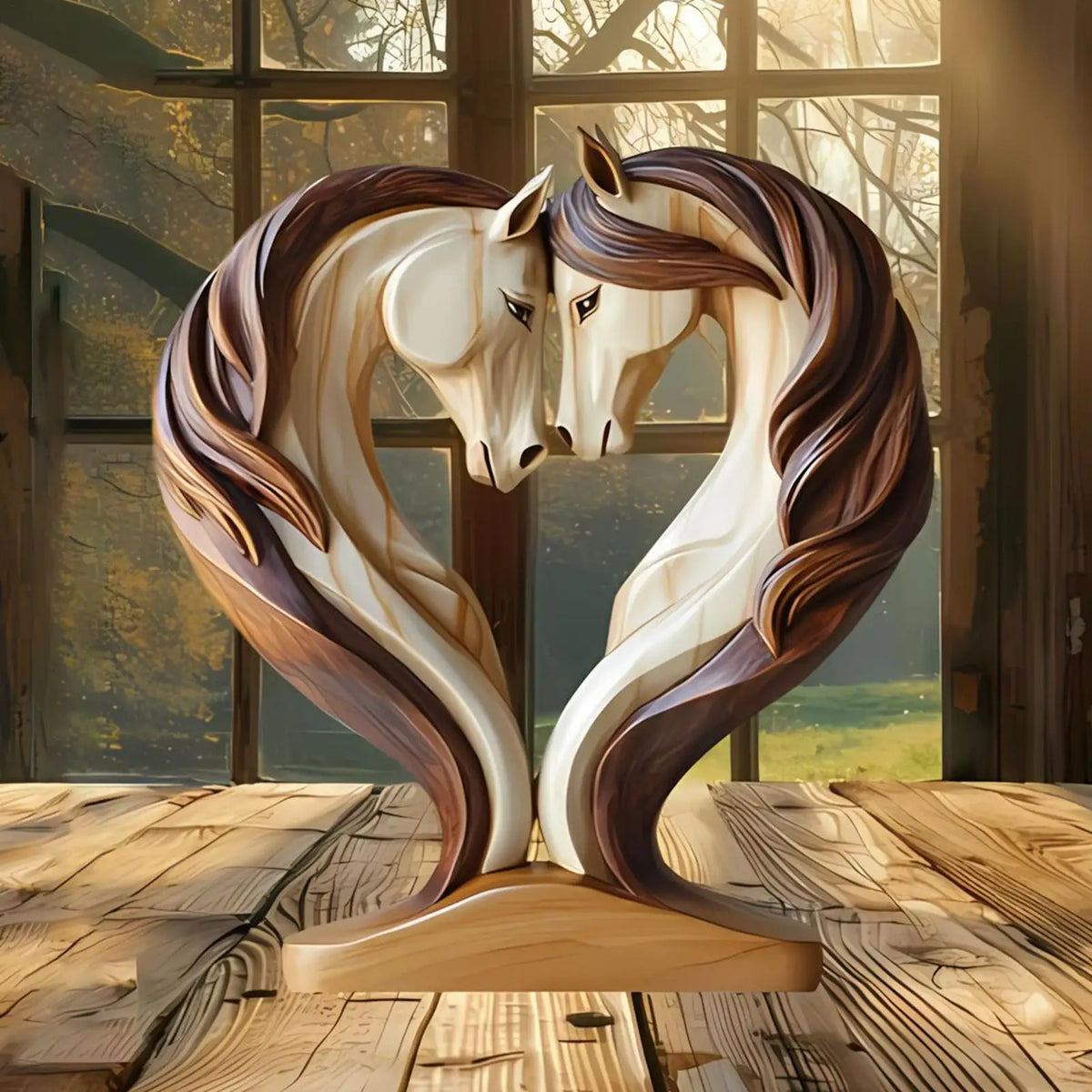 Escultura de Caballo Equora | Escultura de Madera de Caballo | Diseño 2D en Pose de Abrazo | Decoración para Sala de Estar, Oficina y Habitación Infantil