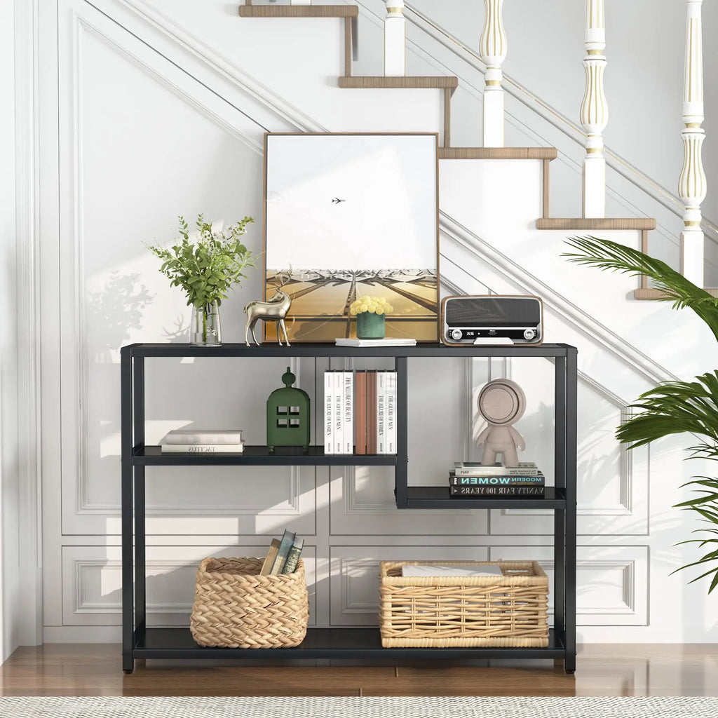Mesa Consola Negra – Estante de Almacenamiento de 4 Niveles, Diseño Industrial, Para Entrada, Sala de Estar o Detrás del Sofá