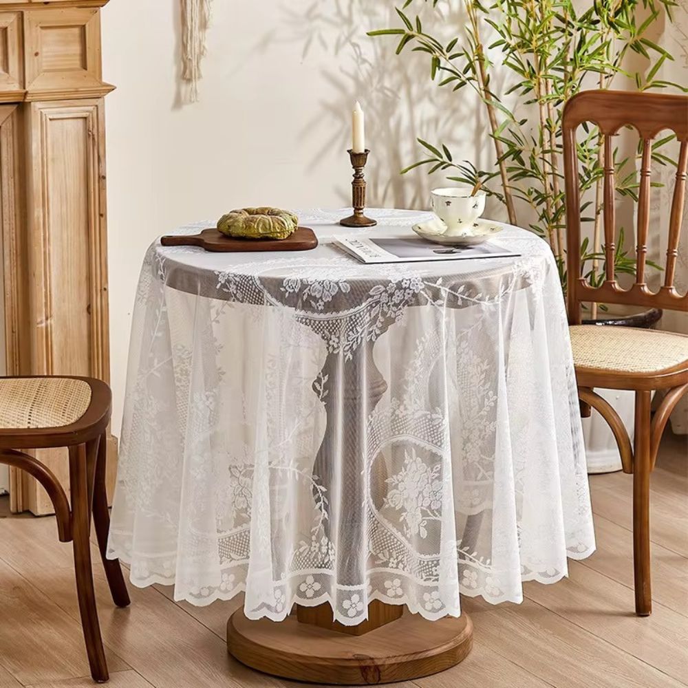 Mantel Redondo de Encaje Floral Transparente