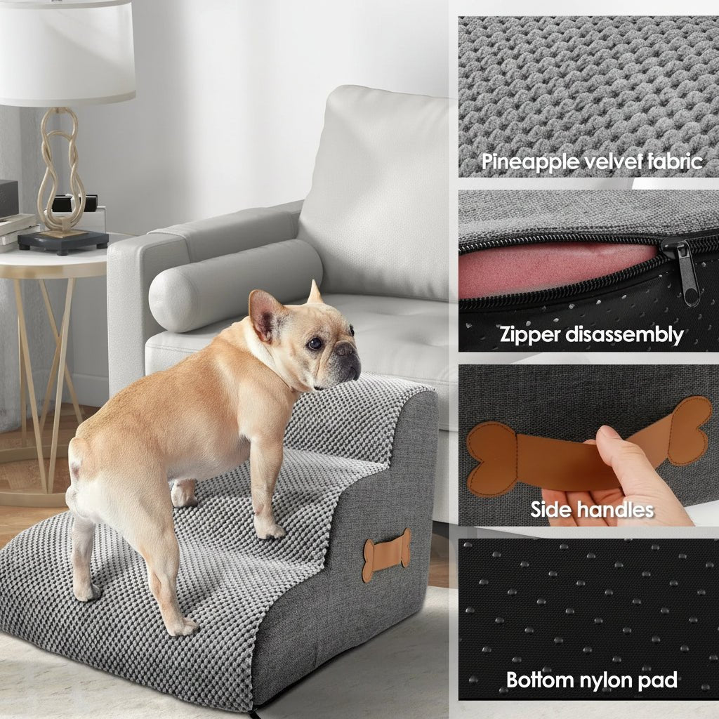 COMFYCLIMB - Escaleras para perros de espuma suave con inclinación amigable para las articulaciones, base antideslizante y funda lavable para un acceso seguro a la cama y al sofá