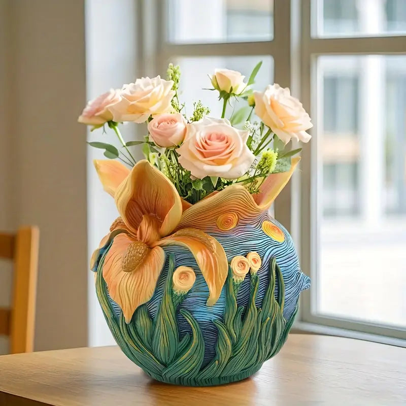 BLOOMSCAPE - Jarrón Artesanal Inspirado en Van Gogh para una Decoración de Hogar Elegante