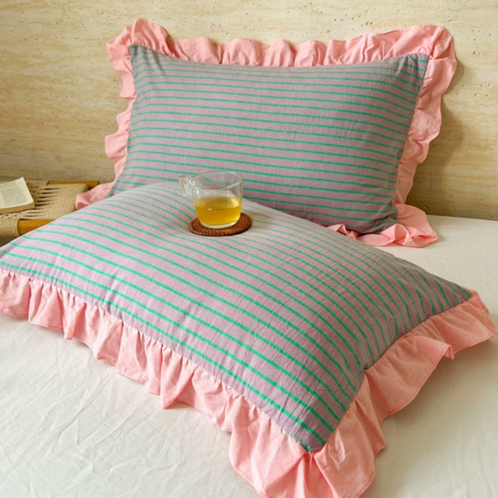 Funda de Almohada de Encaje con Volantes a Rayas en Múltiples Colores