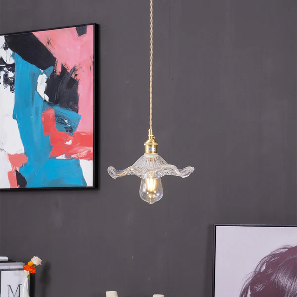 Lámpara Colgante Estilosa con Flor de Hibisco – Vidrio y Latón, 150 cm – Lámpara para la Sala, Candelabro, Lámparas Colgantes Elegantes