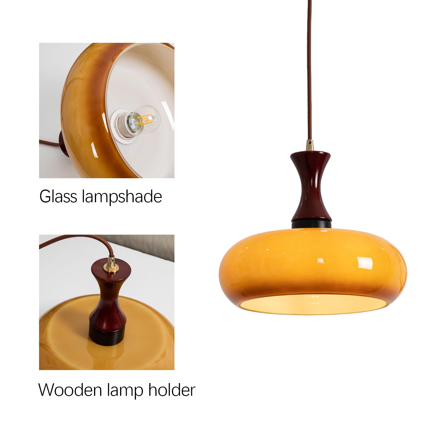 Lámpara Colgante Estilosa de Vidrio y Madera – Lámpara Retro para Salón y Comedor, Universal, Luz Acogedora