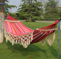 BowLift | Hamaca de Lona Doble para Camping al Aire Libre con Borlas y Barra (Rayas Rosas) | 200x150cm