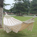 Hamaca de Lona Doble para Camping al Aire Libre con Borlas y Palo (Blanco) 200x150cm
