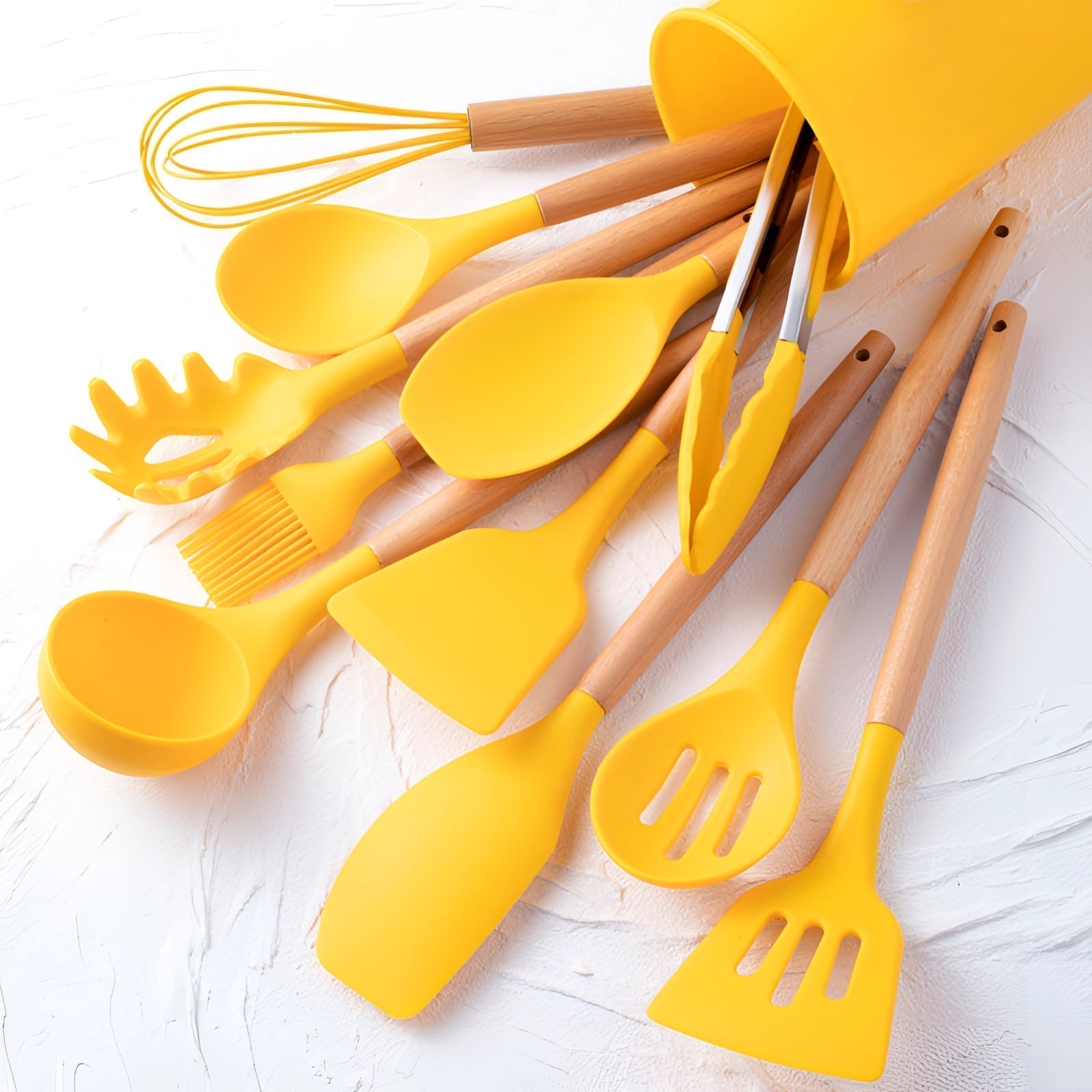 Juego de utensilios de cocina de silicona ecológica con mangos de bambú