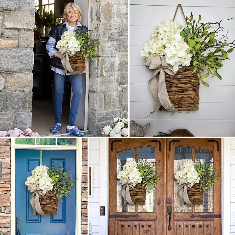 Perchero de puerta con hortensias crema – corona de mimbre con flores artificiales