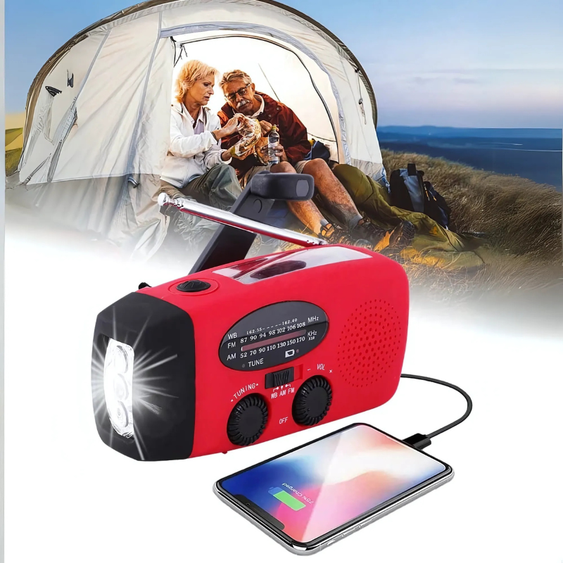 Radio de emergencia multifuncional con powerbank – Solar, USB, manivela y linterna LED para emergencias